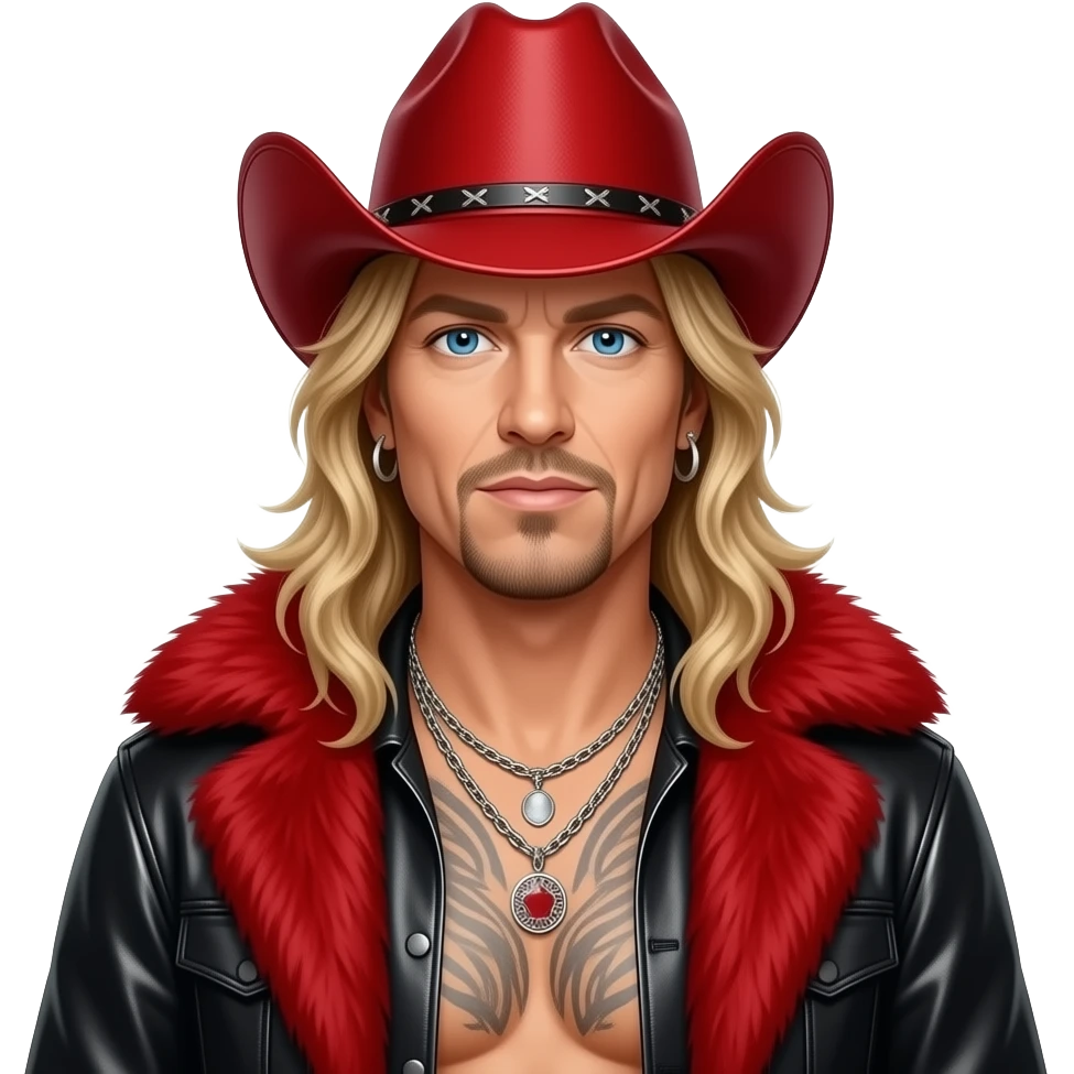 Bret Michaels with blue eyes, long blonde hair, red cowboy hat, red fur shawl, black metallic baggy pants, shirtless with necklace and earrings emoji