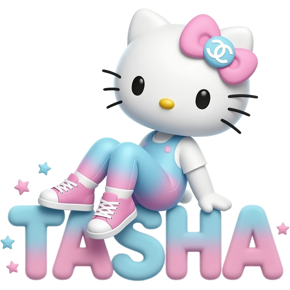4D Velvety fur texture hello kitty wearing ombre white and blue and pink ombre pastel colored leggings and sneakers, and with the Chanel symbol on her ombre pastel bow sitting sideways leaning back on top of the velvety 3D outlined letters TASHA surrounded with tiny ombre pastel stars made of candy emoji