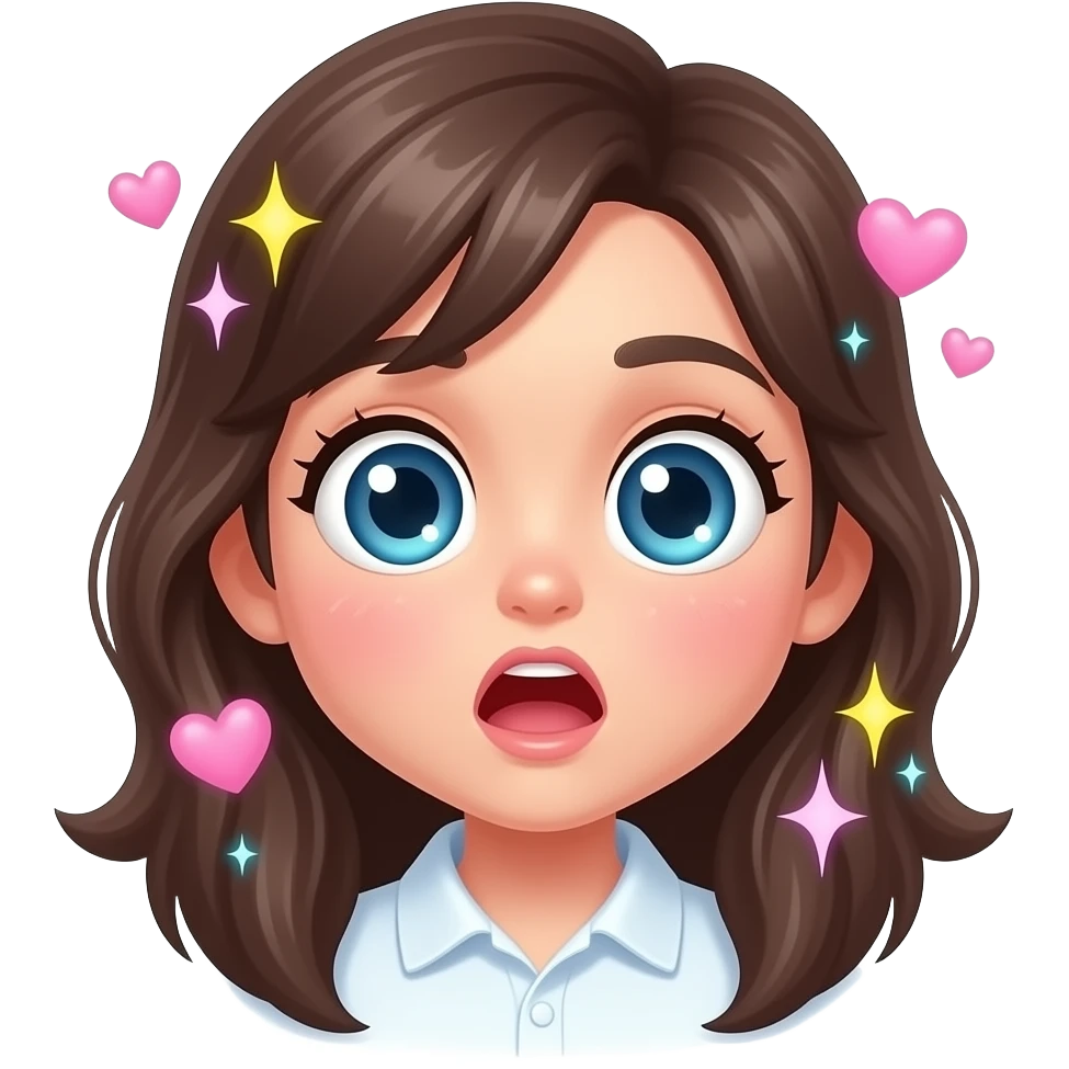 Cute happily shocked emoji with huge sparkling eyes, glowing holographic highlights, glossy 3D texture, floating sparkles and hearts, kawaii internet sticker style emoji