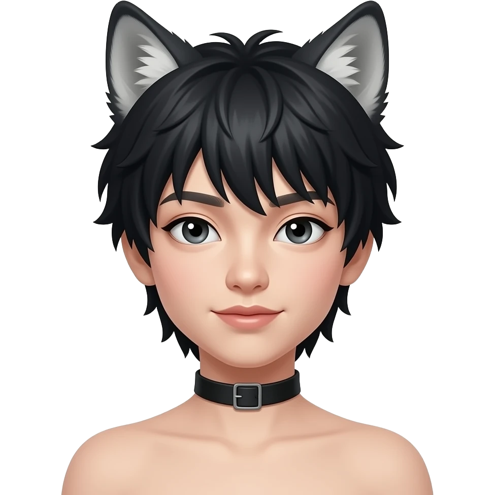 wolf boy black hair human face asian feminine add black collar pale skin emoji