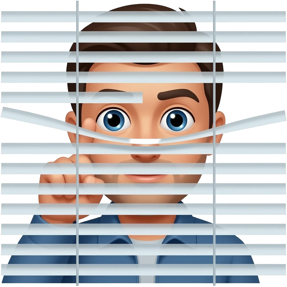 person peering through window blinds with one finger pulling the blind down by their eye looking like they are being nosey emoji