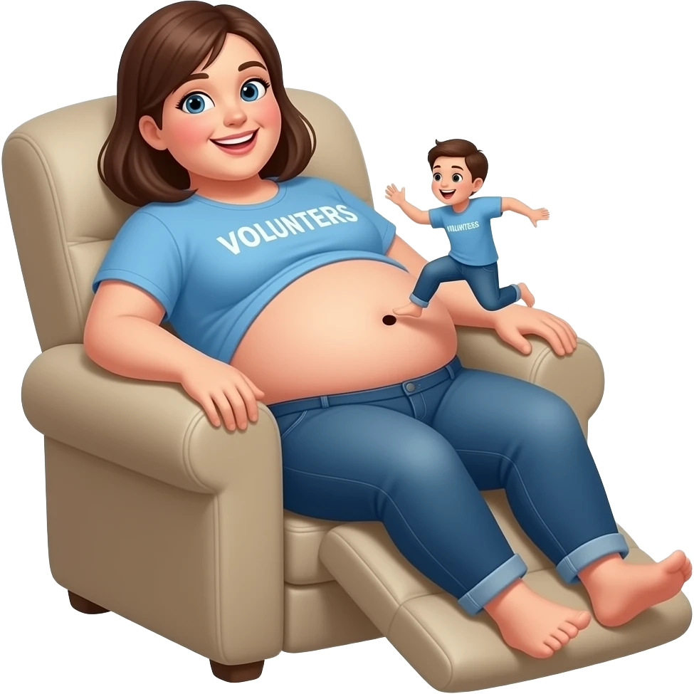 A female giant rests on a recliner sofa,with friendly gentle manner she hangs out her overfed rotund exposed belly,so the volunteer admirers can use the girl’s bouncy belly to do some jumping on like a jelly trampoline,The female giant giggles because her bellybutton is ticklish. emoji