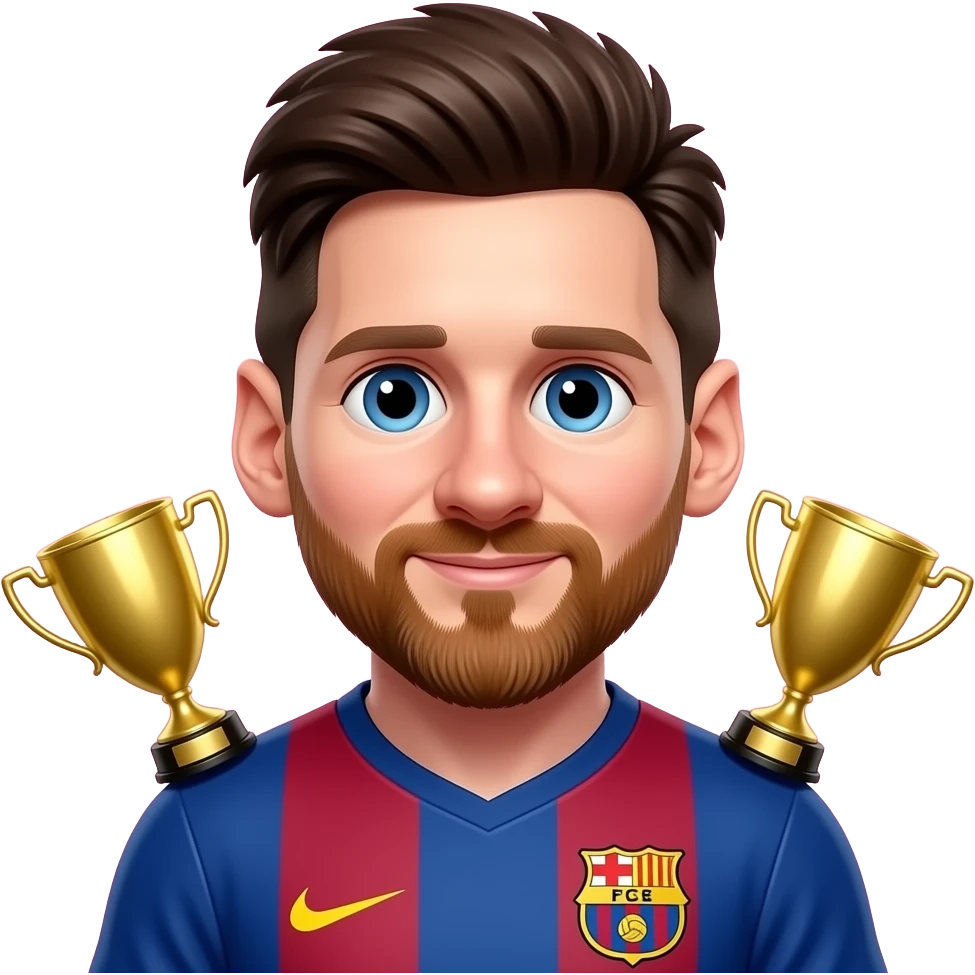 Create a 3D chibi Messi emoji, chest-up only, pink background, two medium identical golden trophies floating near the sides of the neck emoji