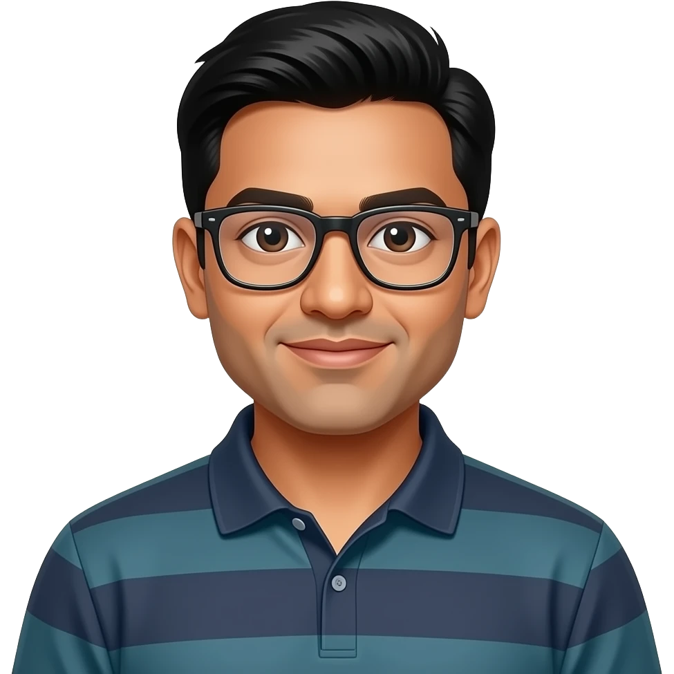 48 years old ,indial male , with blace frame glasses , polo t shirt emoji