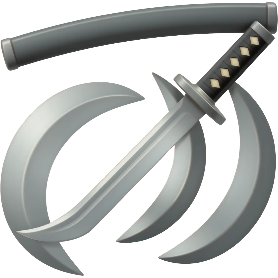 “Emoji-style katana, blade facing right like ‘)’, pointed downward, with the sheath above it. Minimal, clean, metallic blade, dark handle, transparent background.” emoji