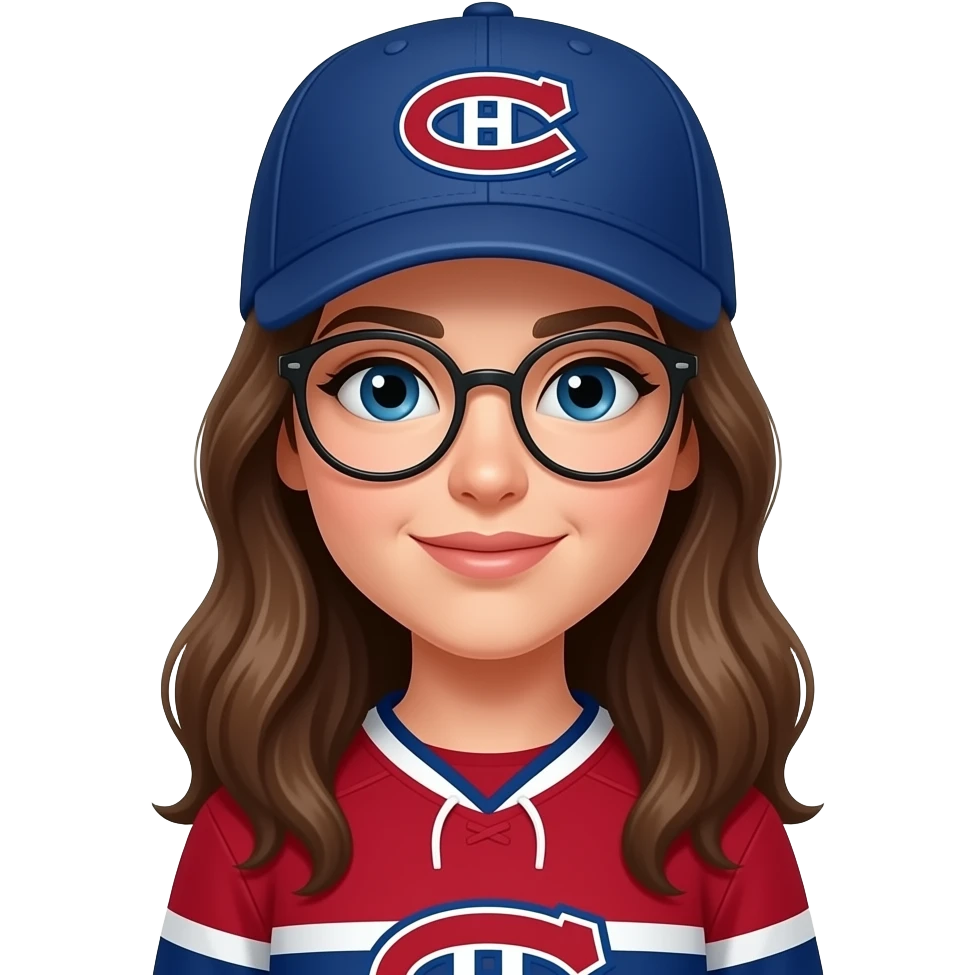 Woman with long brown hair, round glasses where Montreal Canadians cap emoji