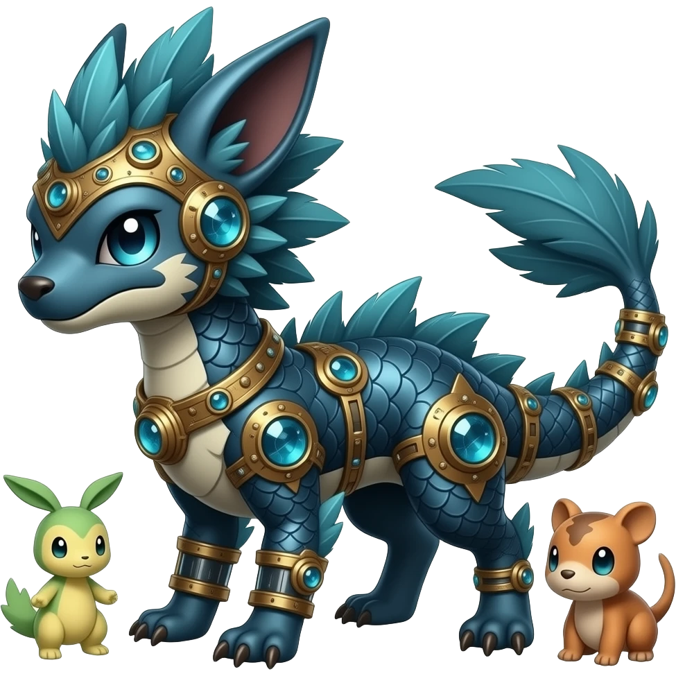 scaly feathery fuzzy shiny glossy smooth finned frilled spunky gothic Realistic tall slim unique original shiny edgy cool steampunk-cyberpunk-solarpunk-fantasy-Absol-Sprigatito-Vaporeon-Manectric-Mudkip-Fakémon-hybrid emoji