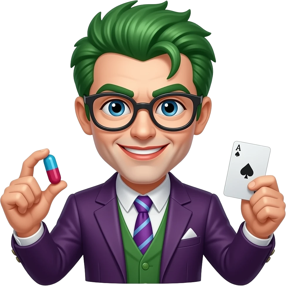 riddler WITH PILL IN ONE HAND CARD IN ANOTHER emoji