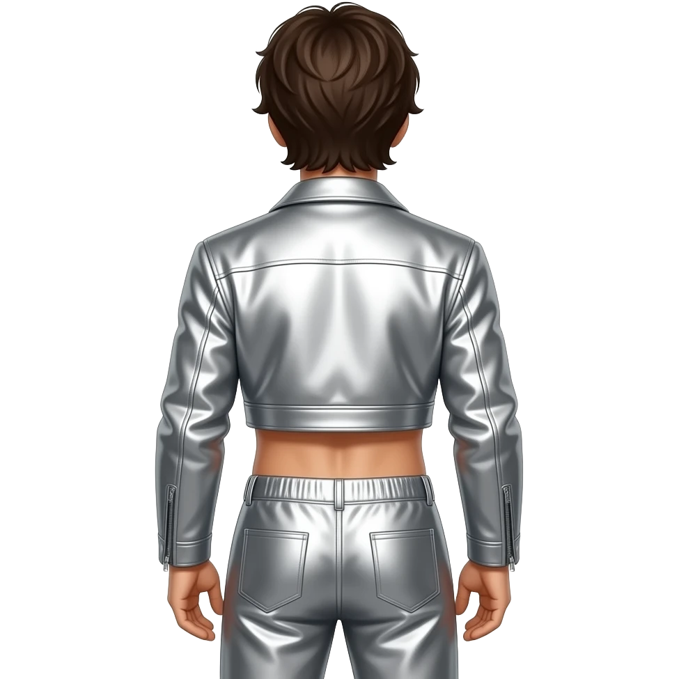 Maurice Gibb from behind medium dark brown hair, silver metallic jacket crop top, silver metallic baggy pants, shirtless emoji