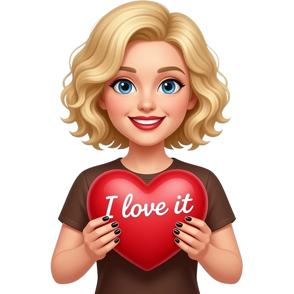 Short blond hair in curly sed swept holding a big red heart  saying I love itin both hands in black polish and dark red lipstick smiling, in a brown t shirt emoji