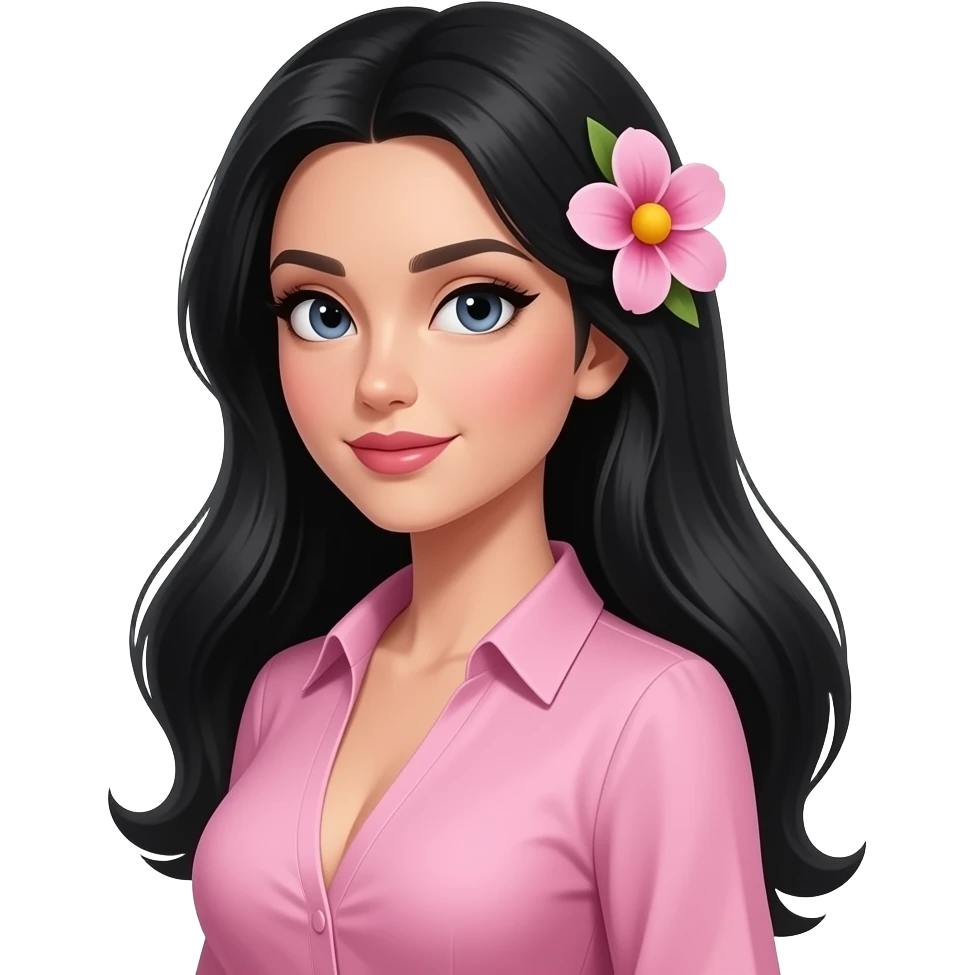Mulher olhando de lado bem sexy com cabelo na altura do peito. Blusa rosa, cabelo e olhos pretos. Uma flor ma lateral direita do cabelo emoji