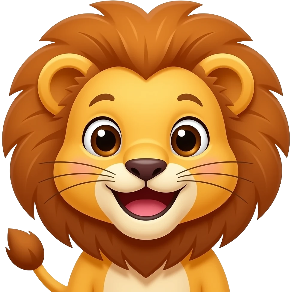 Cute cartoon lion cub with a wide Hollywood smile, joyful eyes, happy emotion, kawaii style, children's speech therapy illustration, bright colors, white background, 2D cartoon. emoji