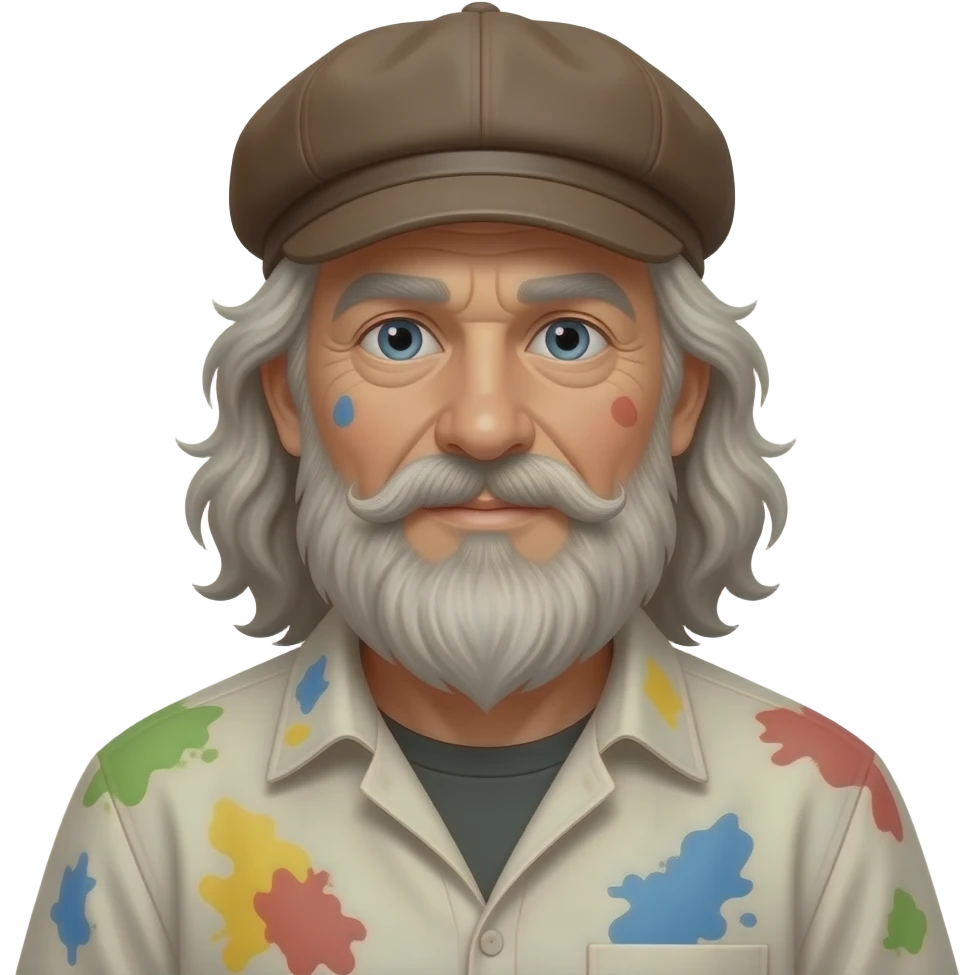 long hair old artist with beret paint-splattered smock emoji