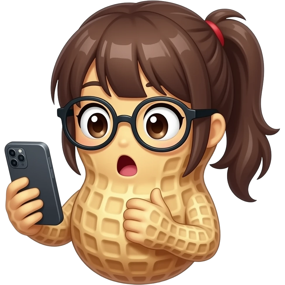 An anthropomorphic peanut -that looks like a peanut with a peanut FACE and hands and body-  wearing glasses,  anime girl hairstyle , holding a phone and looking at it in shock emoji