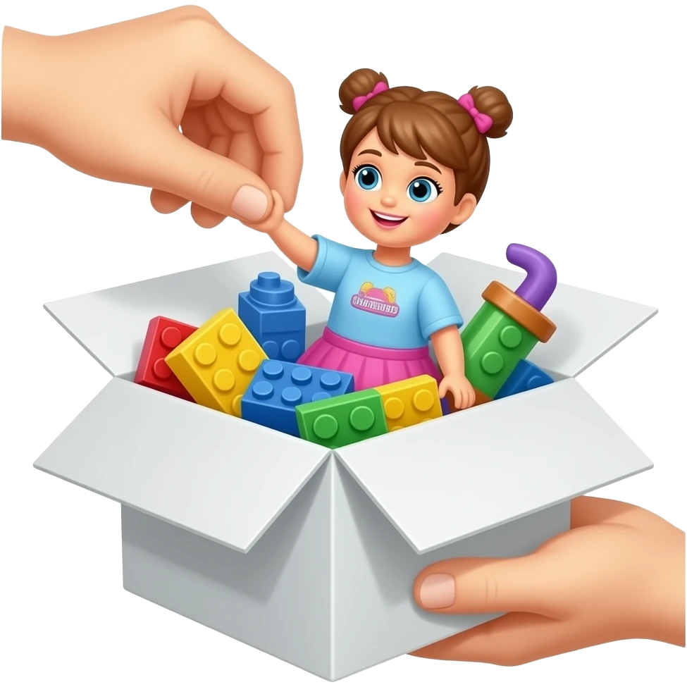 hands picking up toys in white box, tidy up after play. in the basket there is a doll, lego and some other toys emoji