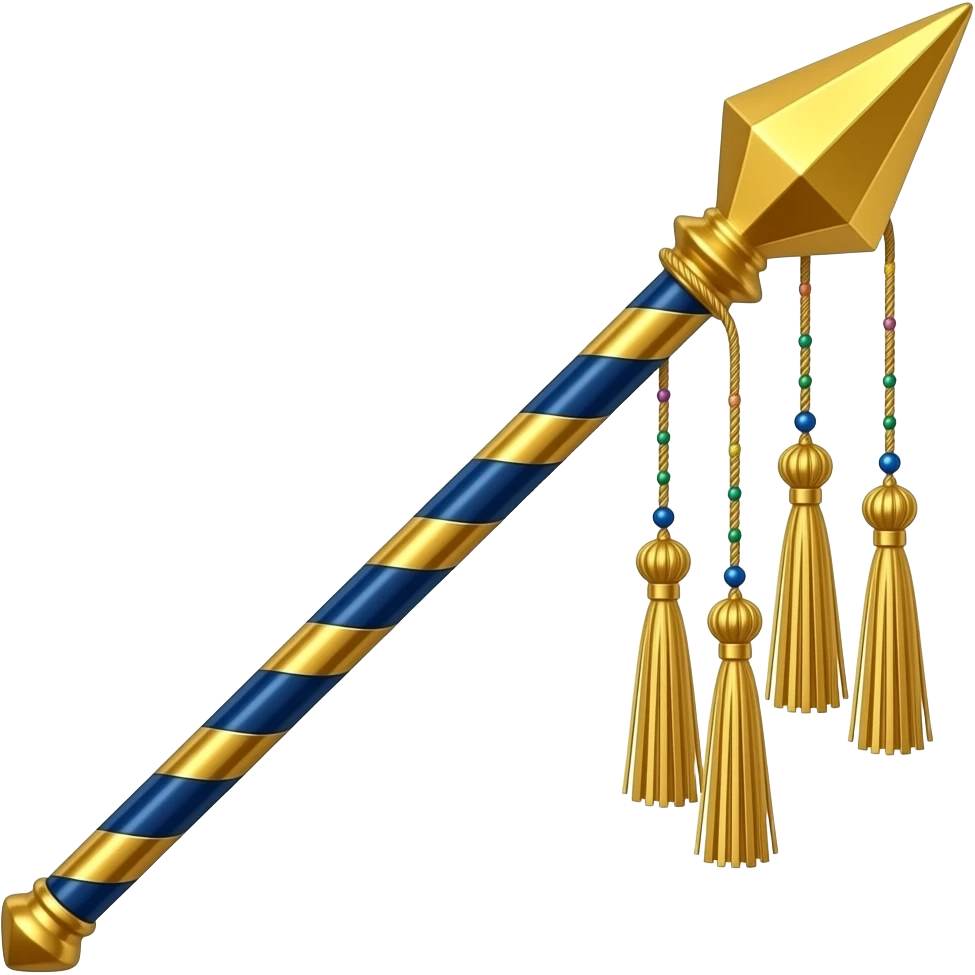 ceremonial staff with a long slender handle decorated in alternating bands of deep blue and polished gold. Its upper end forms a pointed golden cap from which three elongated golden tassels hang, each attached by short strands of colorful beads. The smooth, luminous gold and vivid blue emoji