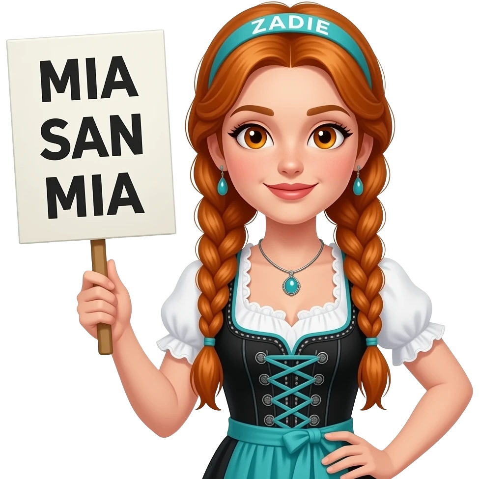 sexy girl with overlong ginger braids and ginger eyes wearing a black turquoise dirndl and a turquoise headband with ZADIE written on it, is holding a sign with MIA SAN MIA written on it emoji