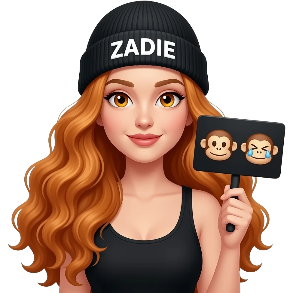 sexy girl with overlong wavy ginger hair and ginger eyes wearing a black tanktop and a black beanie with ZADIE written on it, is holding a black sign with 🙈🙉🙊 on it emoji