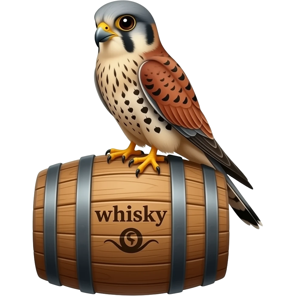 kestrel sitting on top of a vertically standing whisky barrel. the barrel is clearly stenciled "whisky" emoji