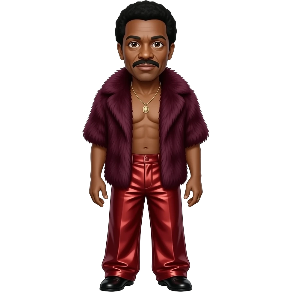 Richard Pryor with dark brown eyes, black hair, maroon fur shawl, crimson metallic baggy pants, shirtless with necklace emoji