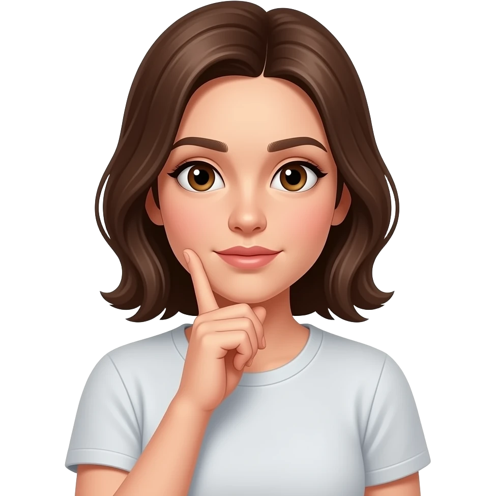 20대 젊은 여성. 손을 턱에 괴고 생각을 하는 표정. 옷은 티셔츠를 입고 있어. emoji