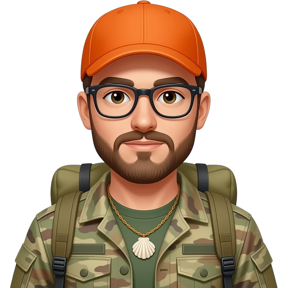 survivalist with orange cap, with glasses, with short beard and mustache, 25 yearsold, military jacket and backpack seashell circle necklace emoji