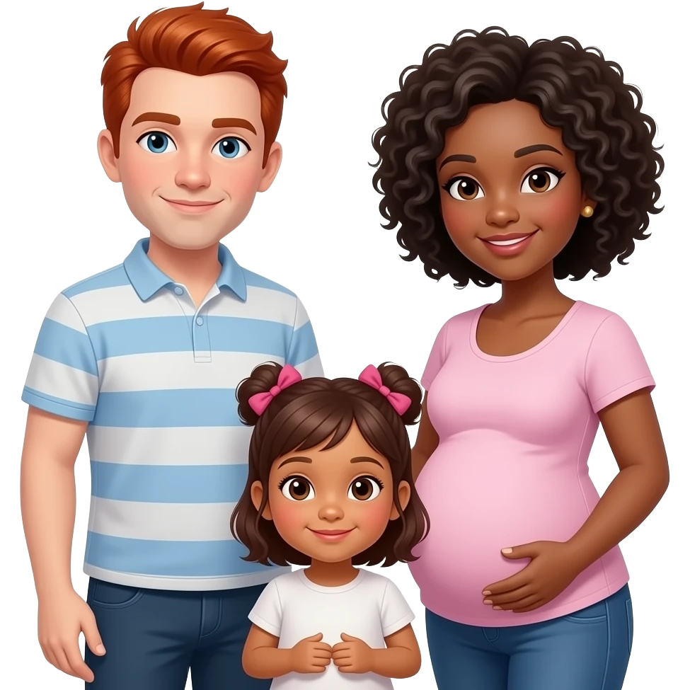 White man red hair pregnant black woman and biracial girl toddler with red hair family emoji