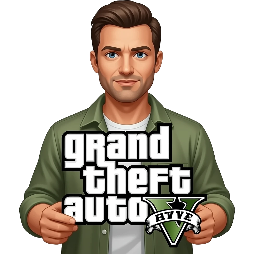 Trevor from GTA5 that has a white skin tone and has a grand theft auto V. sign in the front emoji