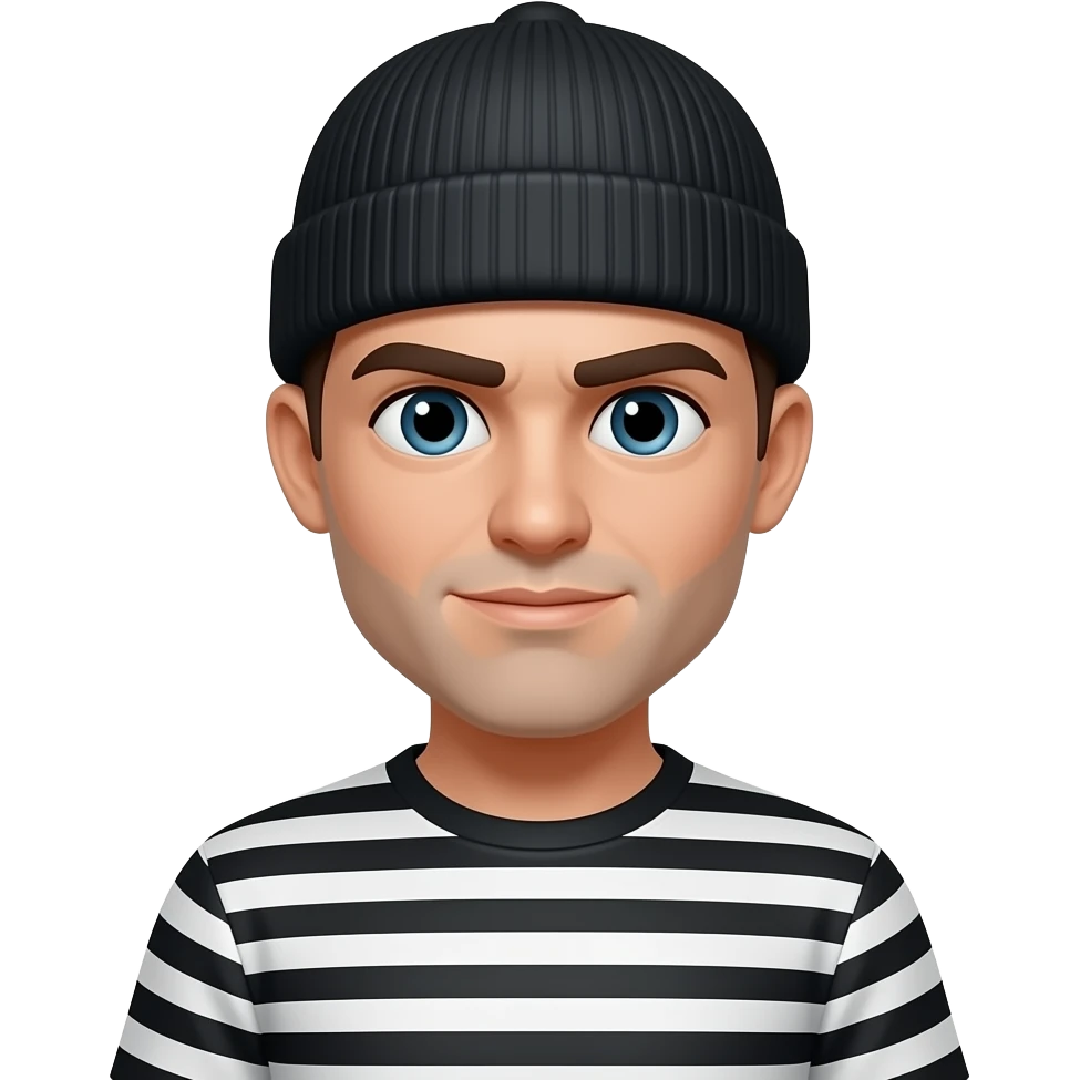Robber emoji wearing a black and white striped clothes with a black beanie emoji