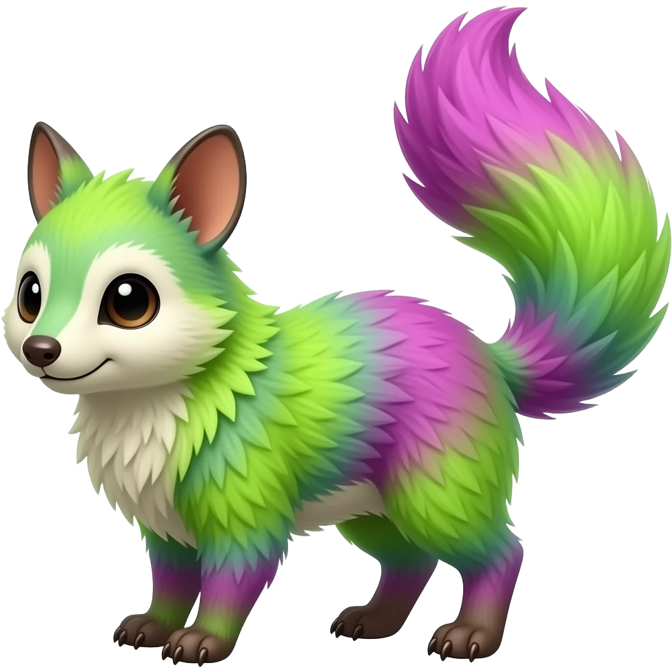 Iridescent Neon Lime-Green-Magenta-gradients Minccino-Numbat-Sergal-fusion-hybrid-animal-creature, full body emoji