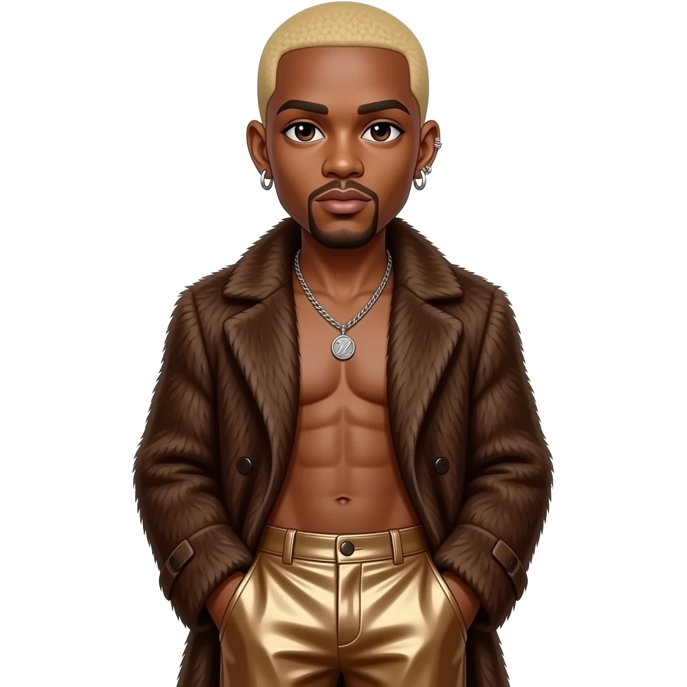 Chris Brown with dark brown eyes, blonde buzz cut hair, brown fur coat, tan metallic baggy pants, shirtless with necklace and earrings emoji