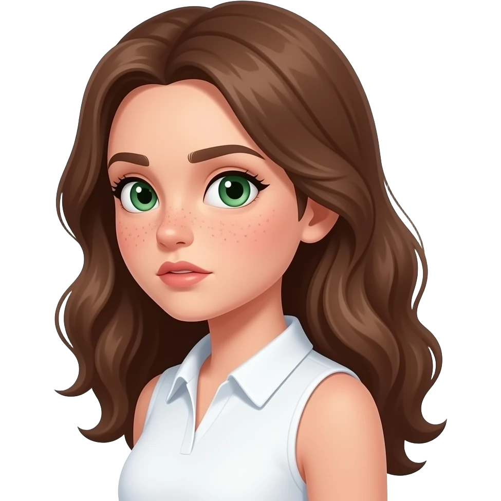 Brown wavy long hair green eyes cute face with freckles pretty girl in cute  white top with soft collar doing meme side view doing side eye with suspicious with visible strong face expression emoji