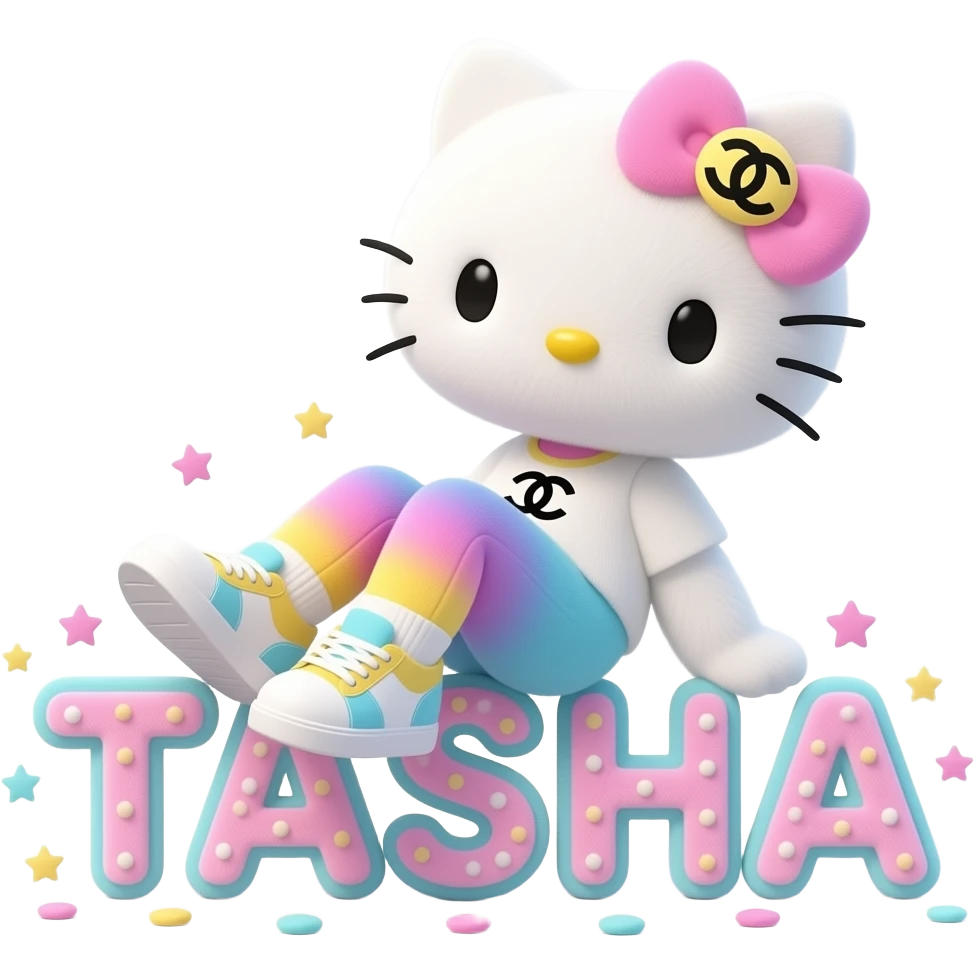 4D Velvety fur hello kitty wearing ombre white and blue and pink yellow ombre pastel colored leggings and sneakers, and with the Chanel symbol on her ombre pastel bow sitting sideways leaning back on top of the velvety 3D outlined letters TASHA surrounded with tiny ombre pastel stars made of candy emoji