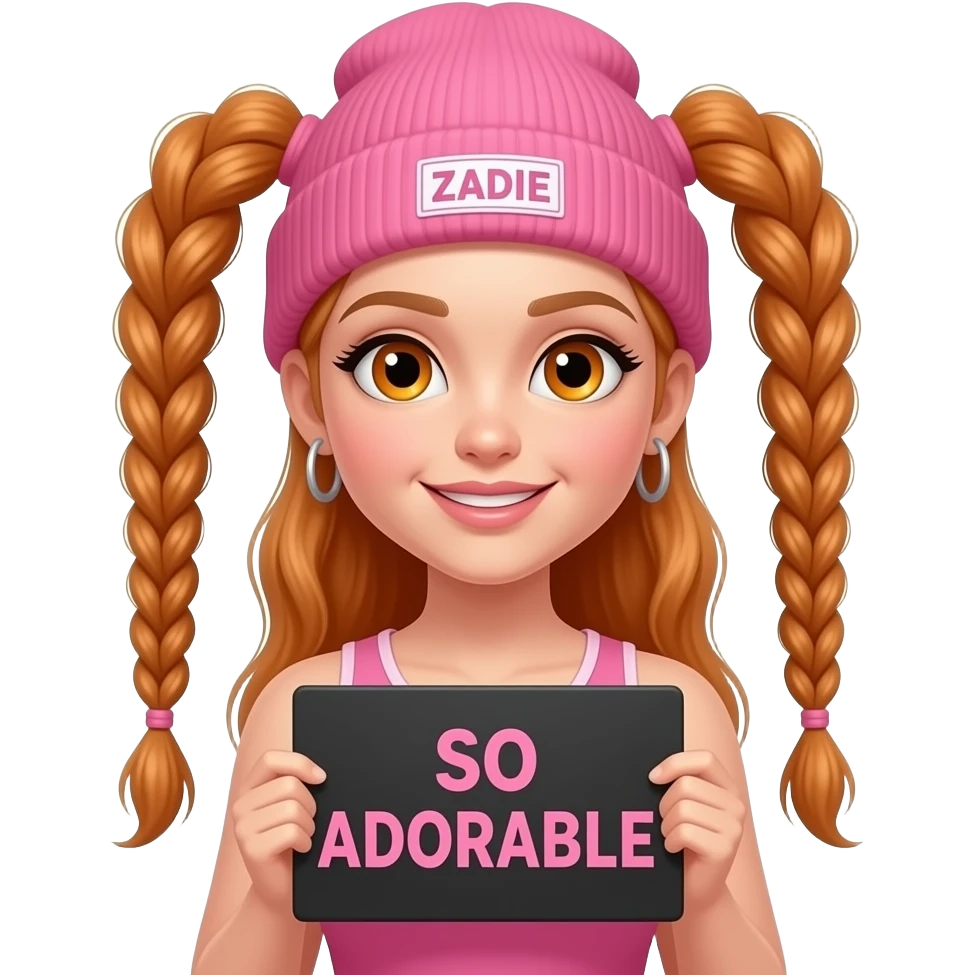 sexy girl with overlong ginger braids and ginger eyes wearing a pink tanktop and a pink beanie with ZADIE written on it, is holding a black sign with SO ADORABLE written on it emoji