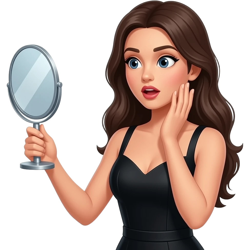 Realisting woman sexy posing elegant  black dress model looking surprised into the handheld mirror emoji