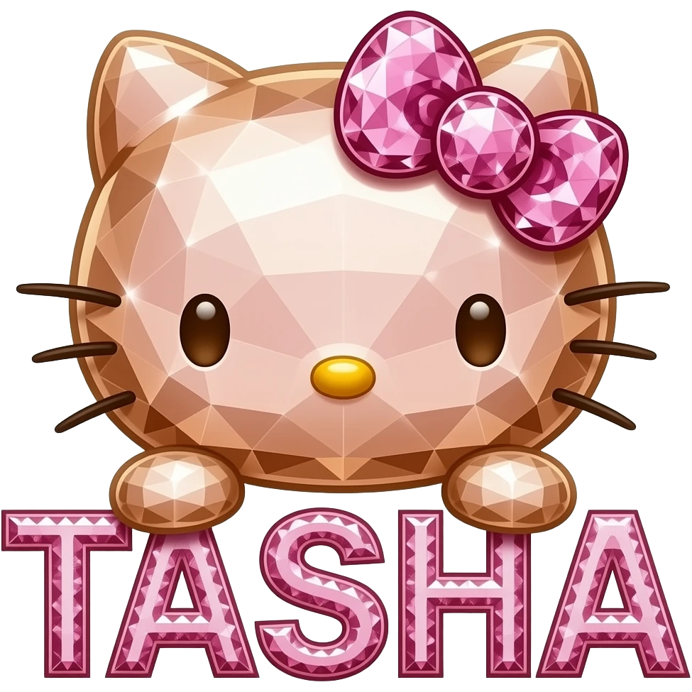 Crystal pink and gold hello Kitty head sitting on top of the letters TASHA emoji