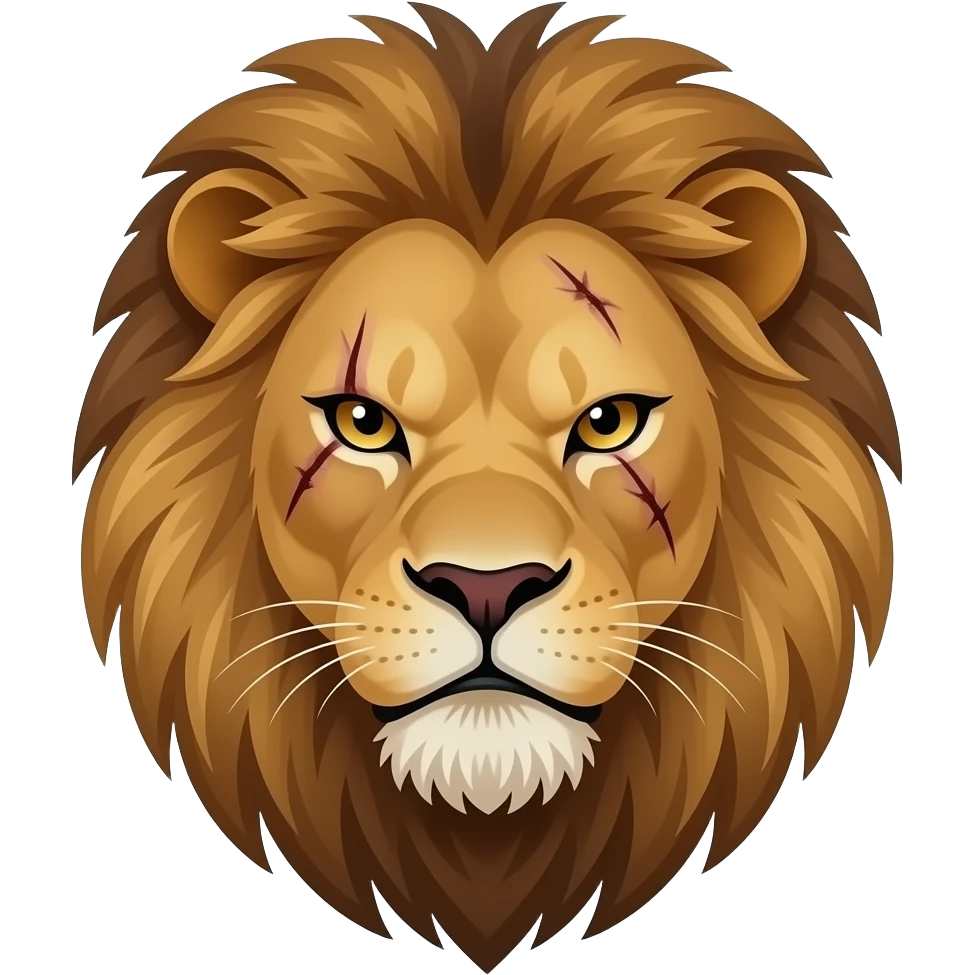 Make a angry lion with scars and closed mouth and seeing in attitude emoji
