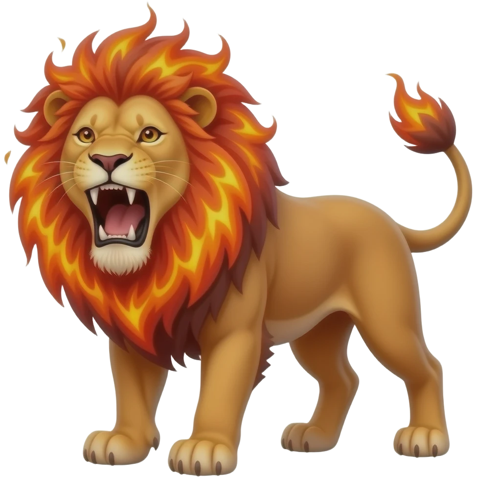 A fiery red and orange lion roaring at the camera with flames coming off its body emoji