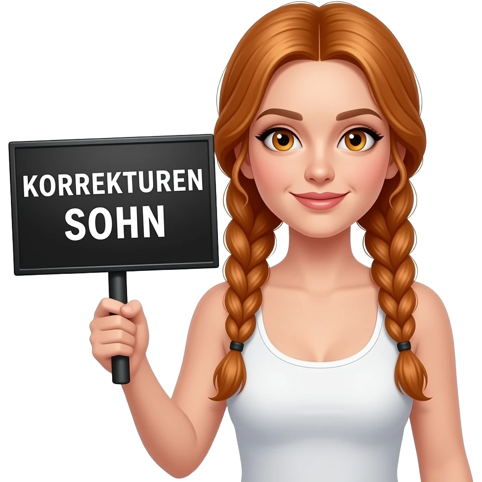 sexy girl with long ginger braids and ginger eyes wearing a white tanktop is holding a black sign with KORREKTUREN SOHN written on it emoji