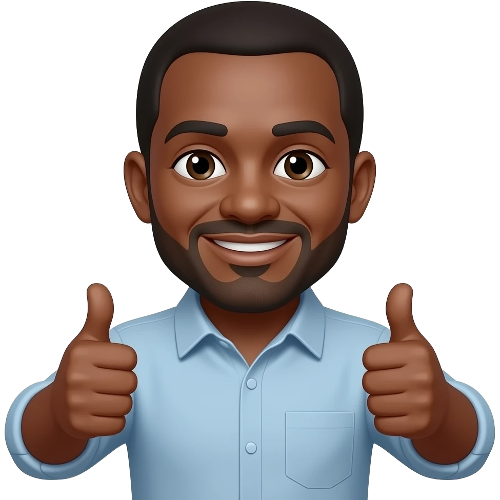 Dark skin male in his mid fifties, short beard and mustache, smiling face and two thumbs up emoji