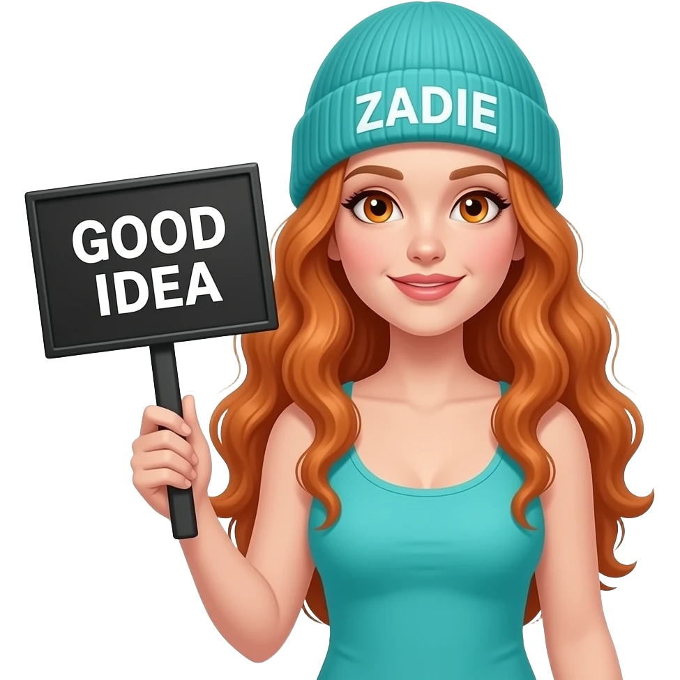 sexy girl with overlong wavy ginger hair and ginger eyes wearing a turquoise tanktop and a turquoise beanie with ZADIE written on it, is holding a black sign with GOOD IDEA written on it emoji