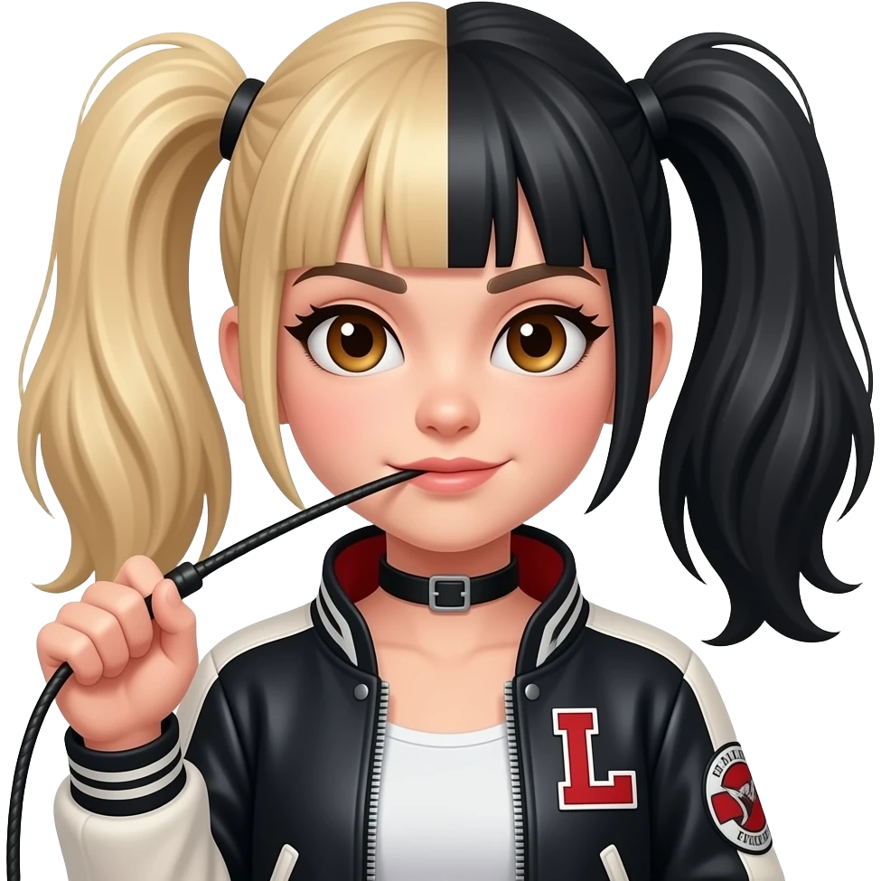 Punk girl with half blonde half black hair in pigtails with a letter L patch on jacket and brown eyes snapping whip emoji