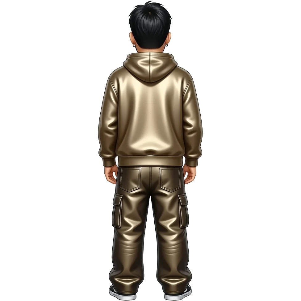 Mike Shinoda from behind with dark beige metallic sweatshirt, dark beige metallic faux baggy pants emoji