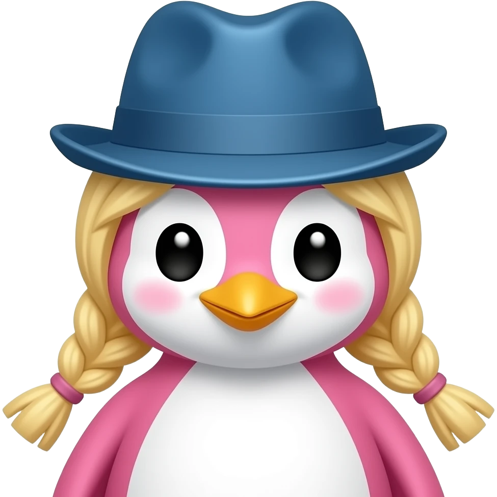 pink penguin with blond braided hair and blue fedora hat, just face emoji