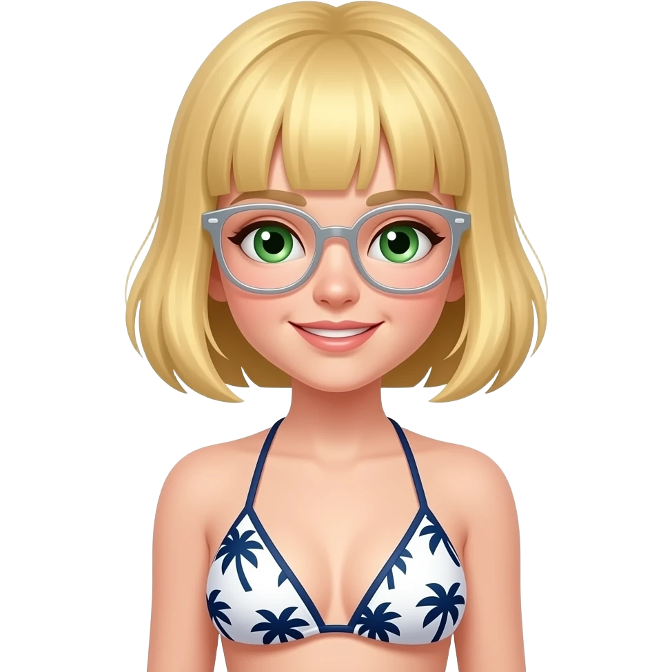 Girl at the beach, blonde short hair with bangs, green eyes, and clear glasses, and having a bikini on that is white with dark blue palms on them emoji