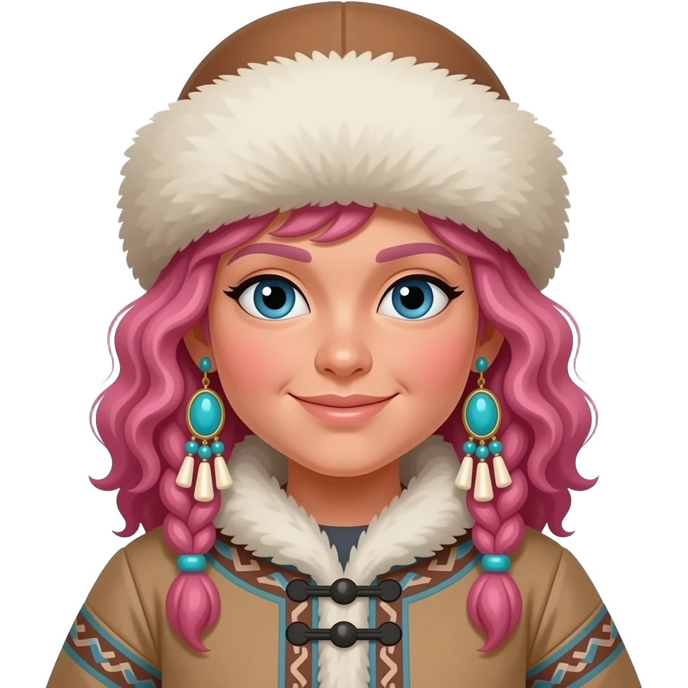 eskimo girl with pink curly hair and big earrings in classic eskimo outfit emoji
