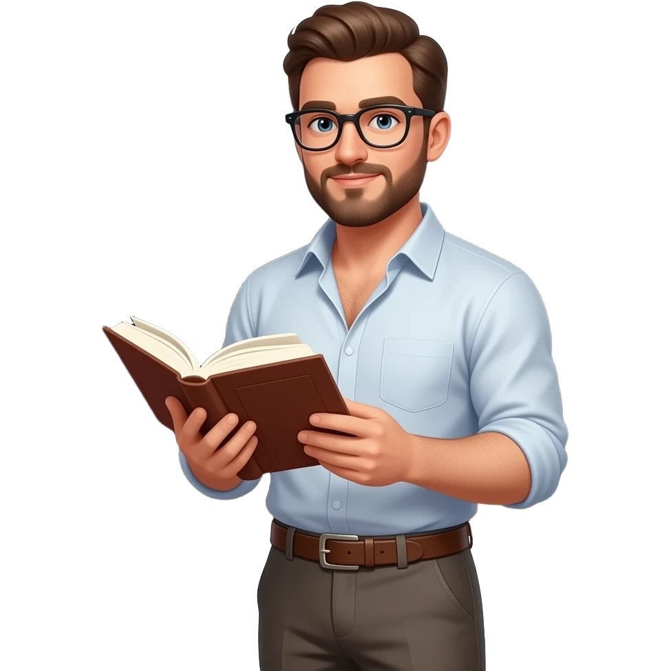 Portrait von einem masculinen sexy Lehrer (34) mit Brille, Bart und weit offenen Hemd, so dass man seine behaarte Brust gut sehen kann. Und er trägt ein Gürtel und seine chinos. Er liest aus einem Buch vor, hinter ihm sieht man eine Tafel emoji