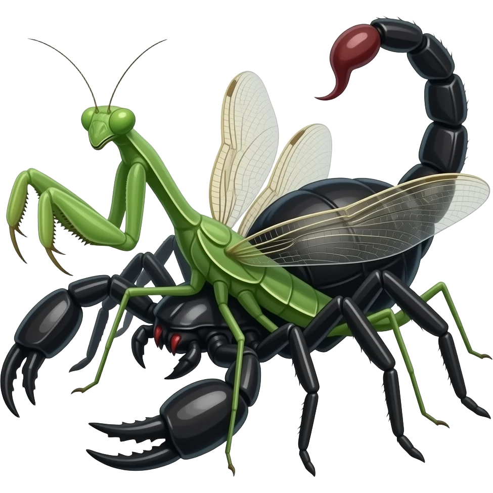 A black widow spider with a praying mantis head and arms, dragonfly wings, scorpion pinchers and tail emoji