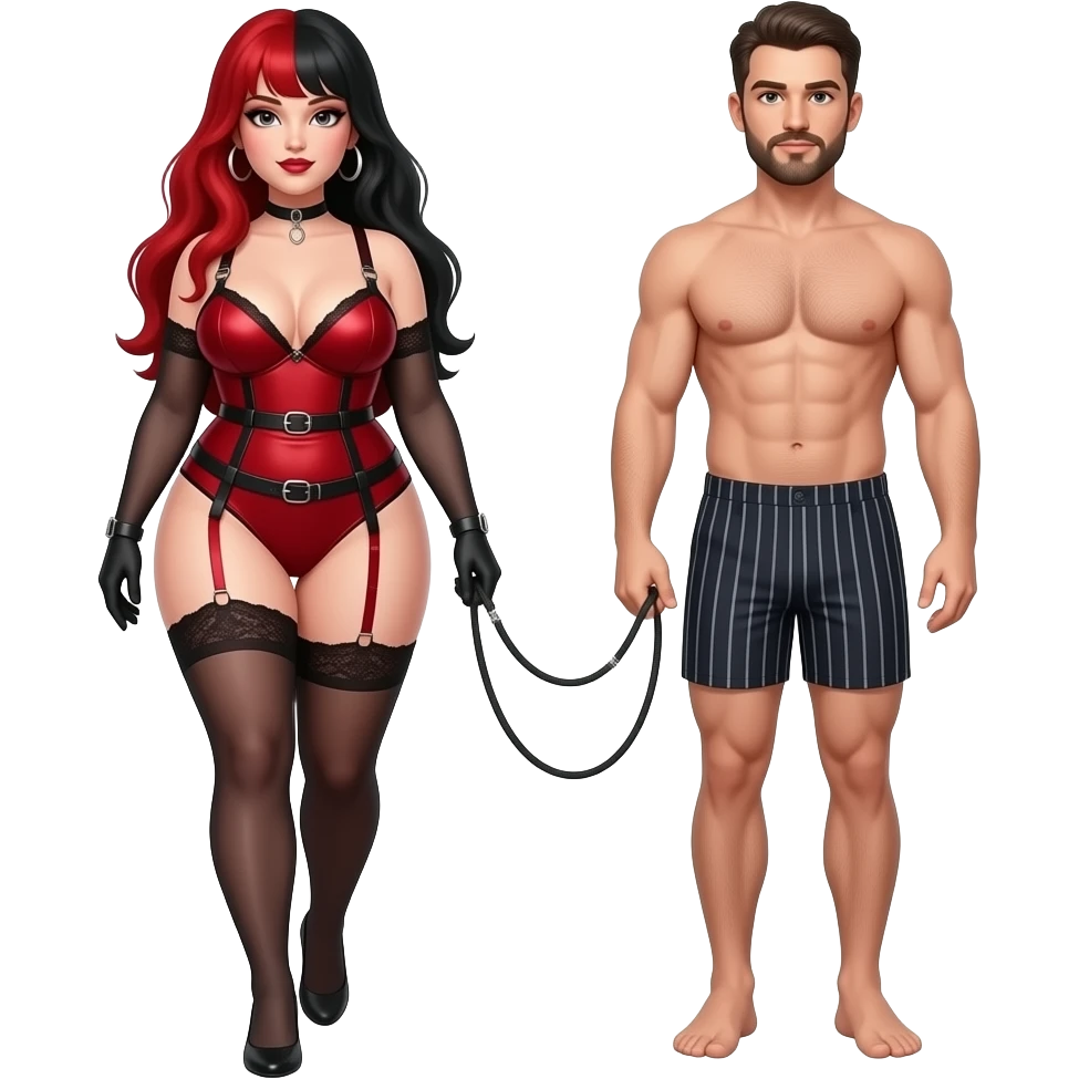 Dominatrix wearing a darkred bdsm style harness lingerie. White skin, chubby, dark Make the girl have long red and black hair and male partner in boxers getting walked on a leash with goatee facial hair emoji