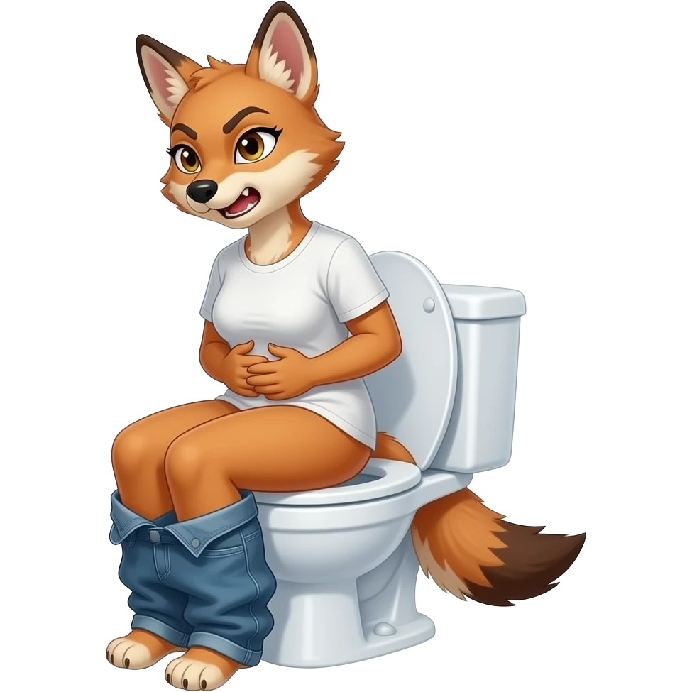 Female jackel furry person woman sit on toilet pants off,side view,hold stomach,grunt,fursona emoji